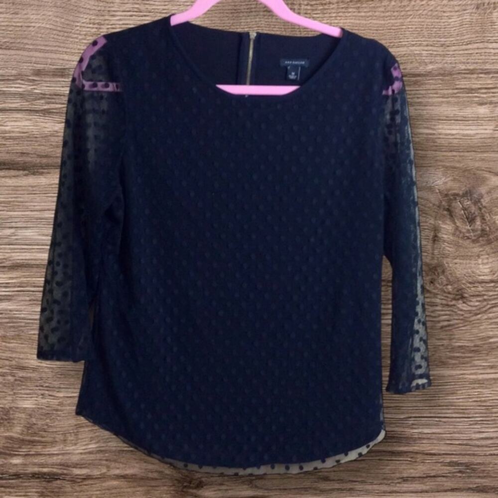 Ann Taylor black lace semi sheer 3/4 sleeve blouse. Medium.